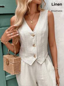SHEIN Frenchy 亚麻条纹背心女士衬衫 V 领背心 条纹亚麻面料 V 领背心 秋季服装通勤简约办公室老款简约 - 杏色 - 查看 7