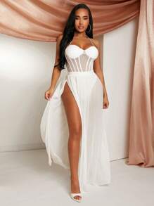 SHEIN SXY 春夏情人节服装优雅婚礼宾客老钱波西米亚风度假白色高弹针织网眼透视高开叉束腰款式吊带长款修身秋千连衣裙