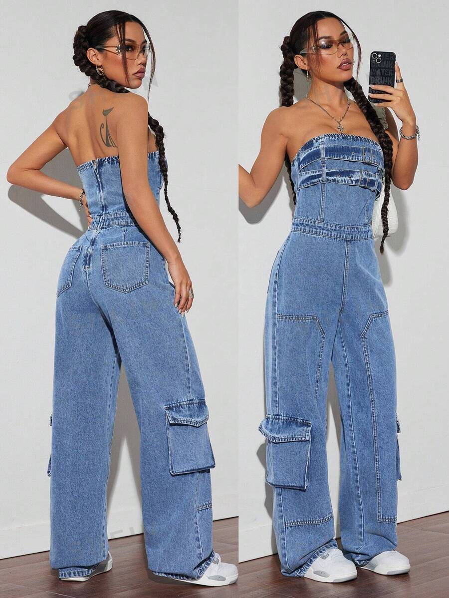 SHEIN ICON Salopetă cu tub din denim pentru femei, ocazional, sexy - Spălare ușoară - Vizualizare 1