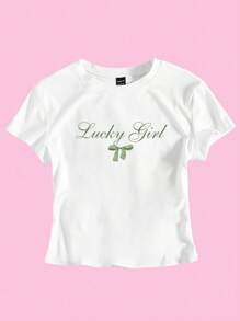 Flirla Slim Fit Short Sleeve T-Shirt With Letter And Bow-Knot Print