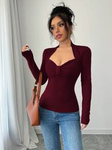 INAWLY 1件女款優雅純色心形領修身T恤秋季女裝 - 酒紅色 - 查看 6