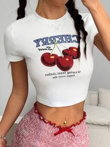 Flirla Camiseta ajustada de mujer de manga corta con cuello redondo y estampado de cerezas, de mezcla de algodón