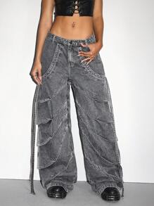 SHEIN ICON Jeans anchos y holgados de moda casual para mujer - Gris - Ver 6