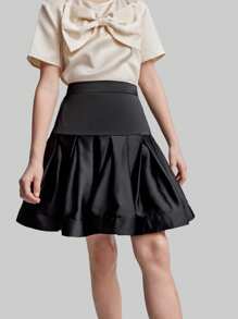 Maija Kids Maija Kids Black Satin Tween Girl Flared Skirt With Elevated Ruched Design, Elegant & Versatile For Outgoing, Spring/Summer - Black - View 5