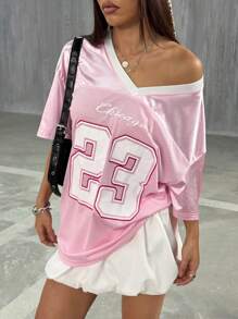 StreetHx Y2K 休闲运动超大数字印花网眼 T 恤，街头风格