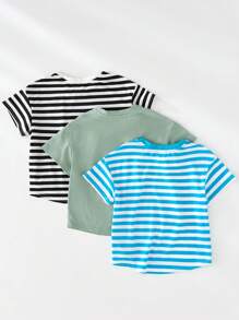 SHEIN 3 Packs Young Boys Buy Two Get One Free Boys' Leisure College Japanese And Korean Street Fashion Versatile Breathable Comfortable Striped Net Color Short Sleeved T-Shirt Multi Piece Set