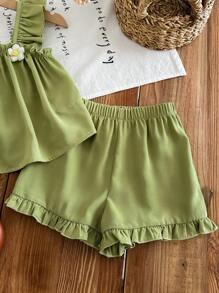 SHEIN LMoss Kids Set de 2 piezas compuesto por blusa con cuello cuadrado y volantes de unicolor y shorts tejidos para niña - Verde - Ver 5