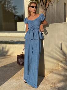 DAZY 女士甜美泡泡袖抽绳上衣和卷边直筒裤套装，荷叶边，女士两件套 - 中等水洗藍 - 查看 1