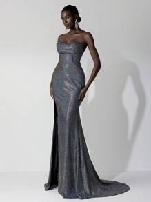 SHEIN Belle Elegant Black & Champagne Ombre Strapless Mermaid Tail High Slit Side Evening Gown With, Party Dress, Wedding Guest Dress, Formal Dress, Evening Dress - Silver - View 5