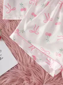 2pcs/Set Teen Girls Casual Cherry & Bow Print Polo Collar Short Sleeve Top With Shorts Loungewear Set, Comfortable