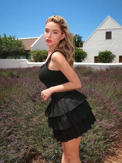 Glamine Black Color Casual Ruched Sleeveless Mini Skirt,Birthday Pleated Dress,Women Elegants Dress,Holiday Carnival Party Dress,Beach Dress,Concert Outfits,Graduation Dress, Black Ruffle Dress, Black Summer Dress, Black Vacation Dress, Layered Dress,Dresses For Women,Summer Dresses For Women,