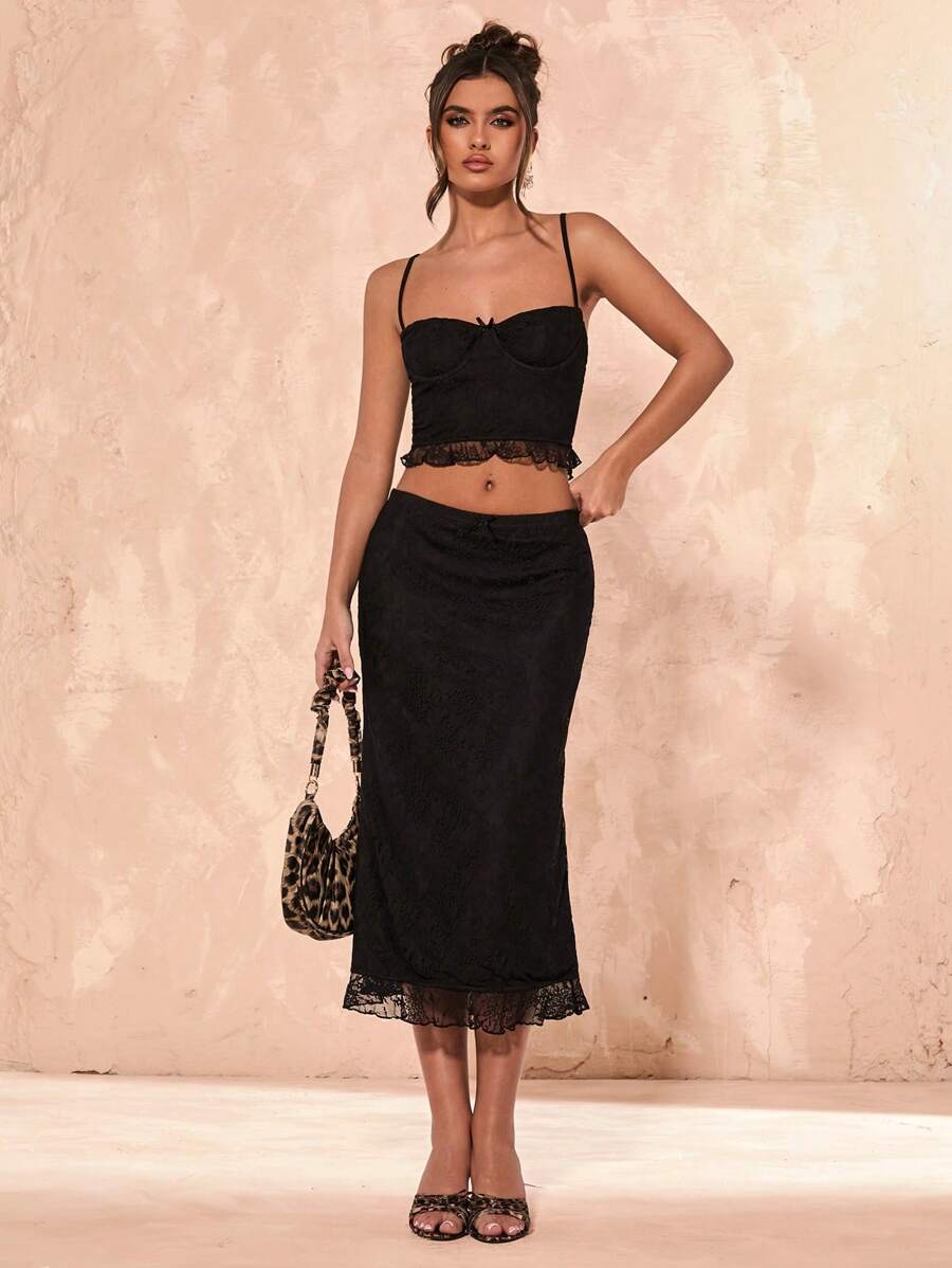 SHEIN BAE Damen 2-teiliges Set aus Tank Top & A-Linien Rock Outfit, minimalistisch modische lässige Streetwear - Schwarz - Übersicht 1