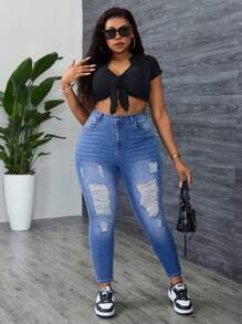 SHEIN SXY Plus Size Casual Washed Ripped Skinny Fit Jeans - Medium Wash - View 3