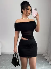 INAWLY 女式黑色网眼拼布修身性感派对迷你连衣裙