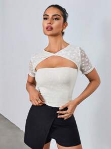SHEIN Unity 女士纯色拼布纹理蕾丝设计休闲百搭短袖 T 恤 - 白色 - 查看 5