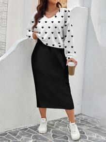 SHEIN LUNE 2件套大码女式休闲心形印花落肩长袖运动衫和无袖连衣裙 - 白色 - 查看 1