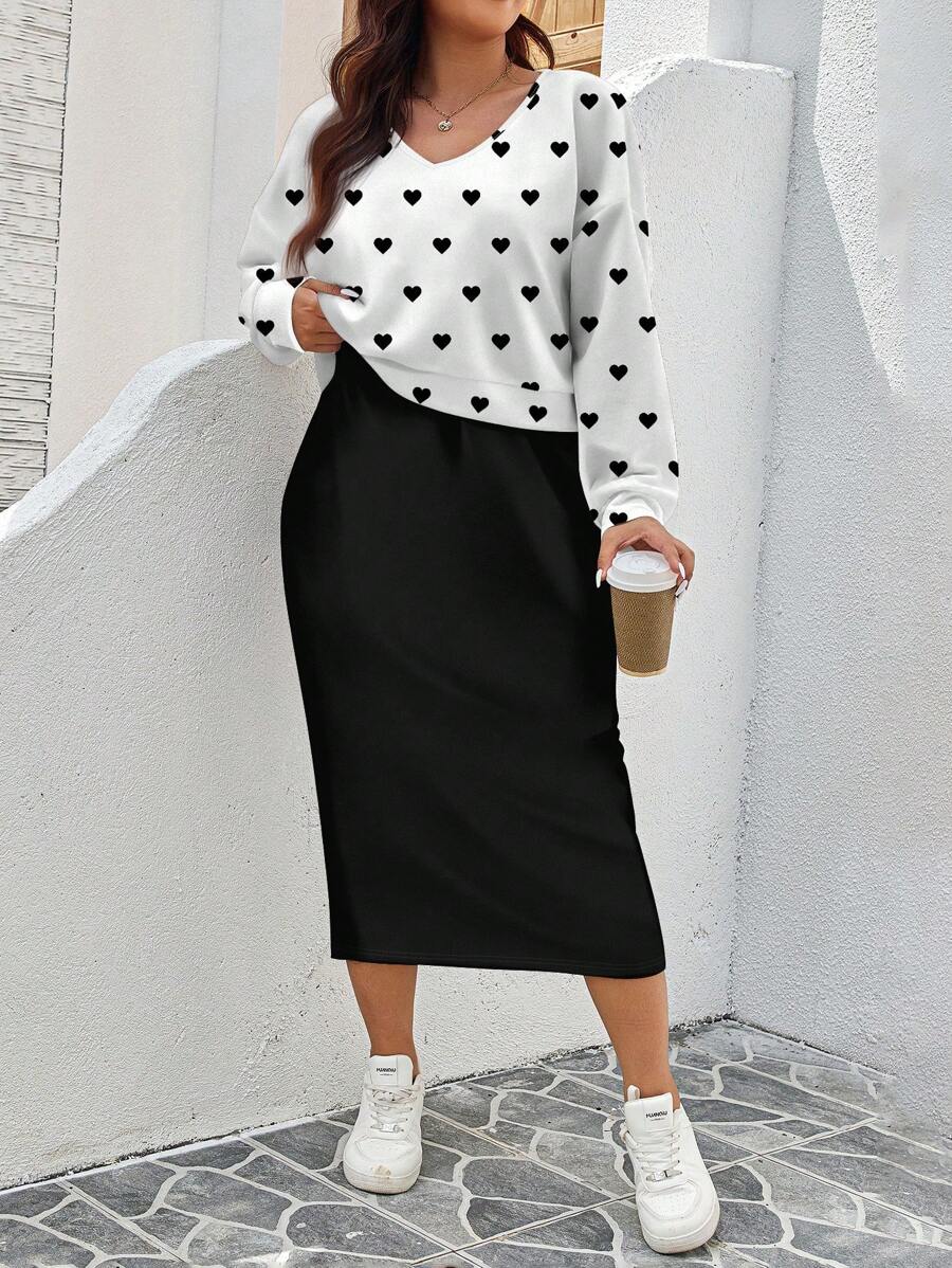 SHEIN LUNE 2件套大码女式休闲心形印花落肩长袖运动衫和无袖连衣裙 - 白色 - 查看 1