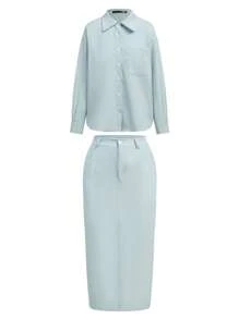 DAZY 2pcs/Set Solid Color Shirt And Skirt Suit, Casual & Commute - Blue - View 2