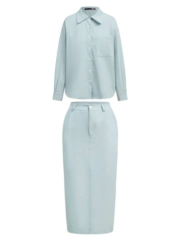 2pcs/Set Solid Color Shirt And Skirt Suit, Casual & Commute