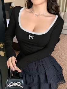 DAZY 秋季新款拼色蝴蝶结装饰修身女式T恤长袖女式上衣 - 黑色 - 查看 4