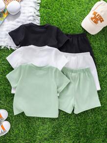 SHEIN Leap Crew 6 件套男婴和女婴休闲可爱图形字母图案宽松针织圆领 T 恤和短裤 2 件套服装套装，3 种颜色，适合春夏穿着，非常适合母亲节/母亲节/宝宝的第一个母亲节 - 彩色 - 查看 2