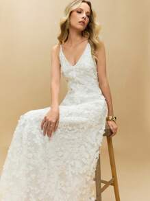 Poéselle Abito a bretelle con ricamo floreale tridimensionale bianco francese, senza schienale, in pizzo, abito lungo a bretelle scollo a V, abito da fata, abito floreale, abito lungo da spiaggia, abito da cerimonia nuziale leggero, abito primaverile, abito da laurea bianco - Bianco - Visualizzare 2