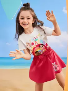 CoComelon X SHEIN 年轻女孩彩虹图案 T 恤和可爱裙子套装 - 彩色 - 查看 4