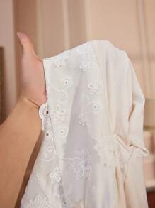 女士V领七分袖两用荷叶边睡裙娃娃衫，适合假日、秋冬季穿着。 - 杏色 - 查看 7