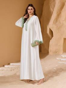 Al Najma Spring/Summer Elegant Flare Sleeve Lace Trim Flared Hem Hooded Arabic Style Dress, Arabian Dresses,Modest