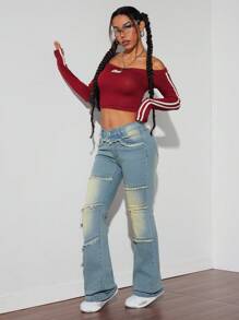 SHEIN ICON Versleten vintage gewassen flared damesjeans