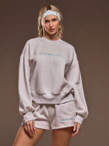 MUSERA Boxy Fit Crew Neck "Lucky Girl Aura" Embroidered Cuffed Sweatshirt Only Spring Summer Cute Airport