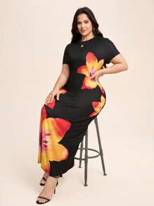 SHEIN LUNE Plus Size Floral Print Dress, Casual Holiday Style Summer Outfits For Women Maxi Dresses For Women Office Outfits For Women Boho/Bohemian,Resort Dresses, 
 Outdoor Essential For Daily Wear Sundress