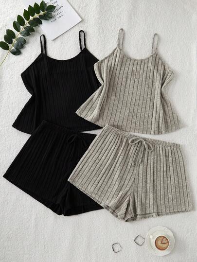 加大码 4 件经典休闲双色柔软薄罗纹针织面料吊带上衣和短裤睡衣套装，舒适家居休闲套装，服装