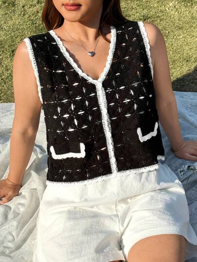 SHEIN EZwear Plus Size Women's Casual Hollow Out Knitted Contrast Color Vest/Waistcoat