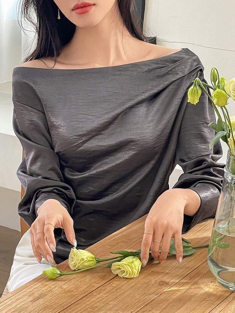 Women's Elegant Asymmetric Asymmetrical Neck Waist Blouse Long Sleeve Top Off Shoulder Top