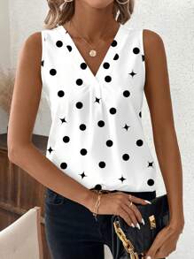 SHEIN Clasi Black & White Abstract Polka Dot Sleeveless Blouse For Women, Spring/Summer Summer Outfits For Women Summer Outfits For Women Country Outfits Women Summer Clothes Women