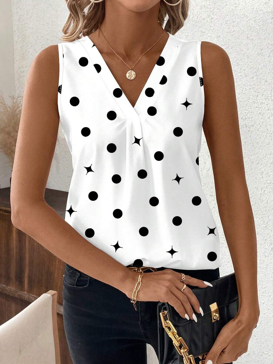 SHEIN Clasi Black & White Abstract Polka Dot Sleeveless Blouse For Women, Spring/Summer Summer Outfits For Women Summer Outfits For Women Country Outfits Women Summer Clothes Women
