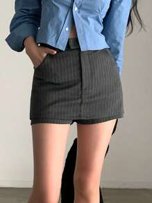 DAZY 女式休闲简约条纹迷你裙短裤、裙裤秋季 - 灰色 - 查看 3