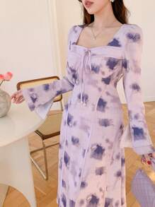 DAZY 女式方领喇叭袖碎花中长连衣裙，秋季长袖连衣裙，度假装扮，复活节波西米亚风 - 紫色 - 查看 3