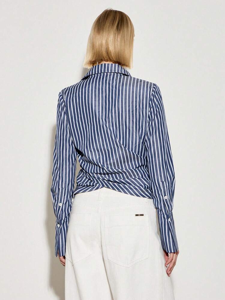 Elegant Wrap Front Striped Long Sleeve Blouse