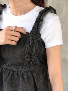 FRIFUL Women Ruffle Hem & Strap Denim Blouse - Black - View 7