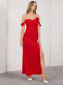 SHEIN Clasi 优雅露肩玫瑰印花修身开衩女式连衣裙，90 年代服装，红色连衣裙，优雅大方，节日 - 紅色 - 查看 4