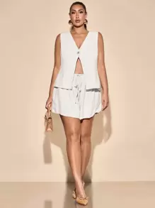SHEIN BAE Conjunto de dos piezas de chaleco de lino y pantalones cortos de pierna ancha talla grande para mujer, atuendos de primavera para mujer, atuendos de verano/verano para mujer, atuendos de festival/concierto para mujer/atuendos de rave, atuendos de vacaciones de primavera, vestidos de Pascua para mujer, atuendos de concierto para mujer, combinación elegante, atuendos para salir, talla grande de verano