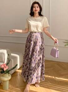 DAZY 2pcs/Set Women Floral Full Print Short Sleeve Top And Pleated Skirt