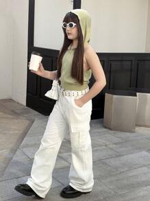 Tween Gil Casual Daily All Year Must Have Sporty Cargo Jeans, With Elastic Waist, Front Pockets, Back Patch Pocket, And Side Flap Pockets. - White - View 4