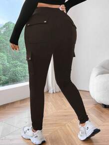 Flirla Pantalones cargo de talla grande unicolor con cintura alta y bolsillo con solapa