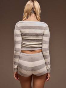 MUSERA 蓬松针织条纹直领短款修身长袖上衣，春夏可爱休闲Y2K 90年代早午餐条纹时尚款 - 彩色 - 查看 3