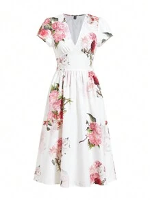 Ellevyn Robe midi évasée à imprimé floral avec col en V élégant pour femmes, avec ceinture, convient pour les vacances de printemps/été