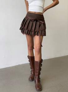 Aloruh 女士性感蕾丝拼布复古皮革褶皱迷你裙 - 棕色 - 查看 5