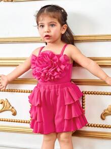 SHEIN Bộ quần short họa tiết bánh kem viền bèo nhún nhiều lớp dễ thương thanh lịch màu trơn vải organza 3D cho bé gái mùa hè - Màu Hồng Tươi - Xem 5